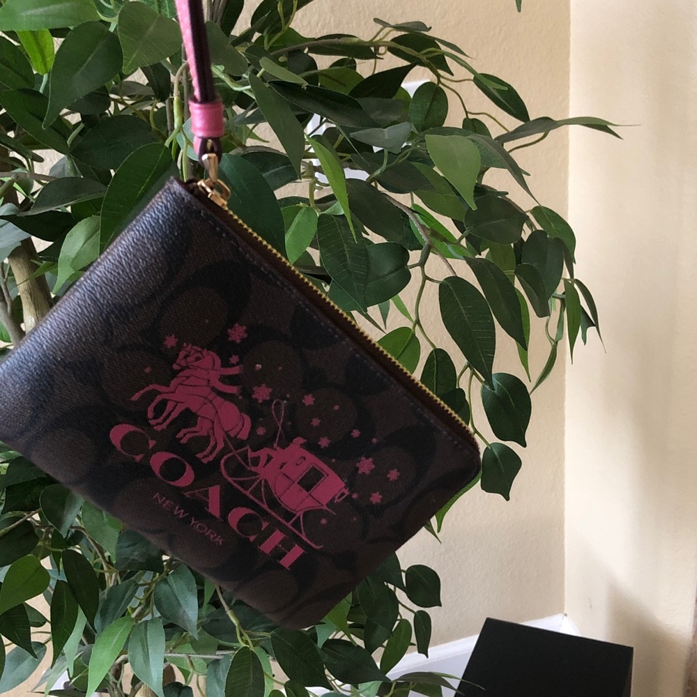 Coach Brown Canvas Wristlet with Pink Horse & Carriage Logo